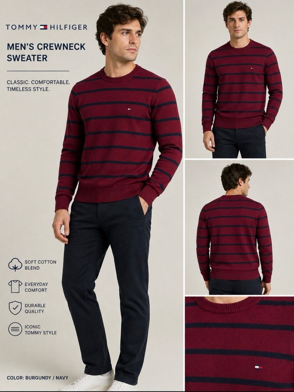 Tommy Hilfiger Burgundy Striped Crewneck Sweater Men’s Medium